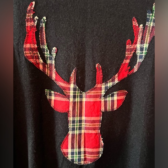 Monroe & Main Navy with Plaid Reindeer/Moose Wool/Alpaca Sweater Size Large - Picture 2 of 4